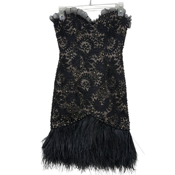 Sherri Hill Dresses & Skirts - Sherri Hill Feather Trim Embellished Lace Bustier Black Mini Dress Women's sz 0